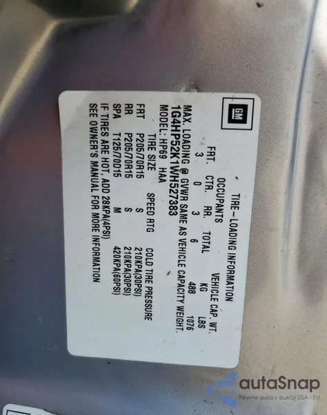 1998 Buick Lesabre Custom из США, поврежденный, VIN 1G4HP52K1WH527383